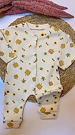 Arı ve Güneş Çiçeği Desenli Ribana Bebek Tulum – %100 Pamuk Çıtçıtlı