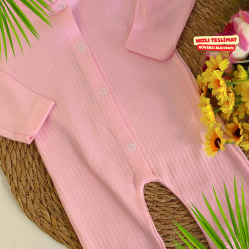 Pembe İnce Çizgili Tulum – Uzun Kollu, Patikli, %100 Pamuk – Yenidoğan / 0-3 Ay