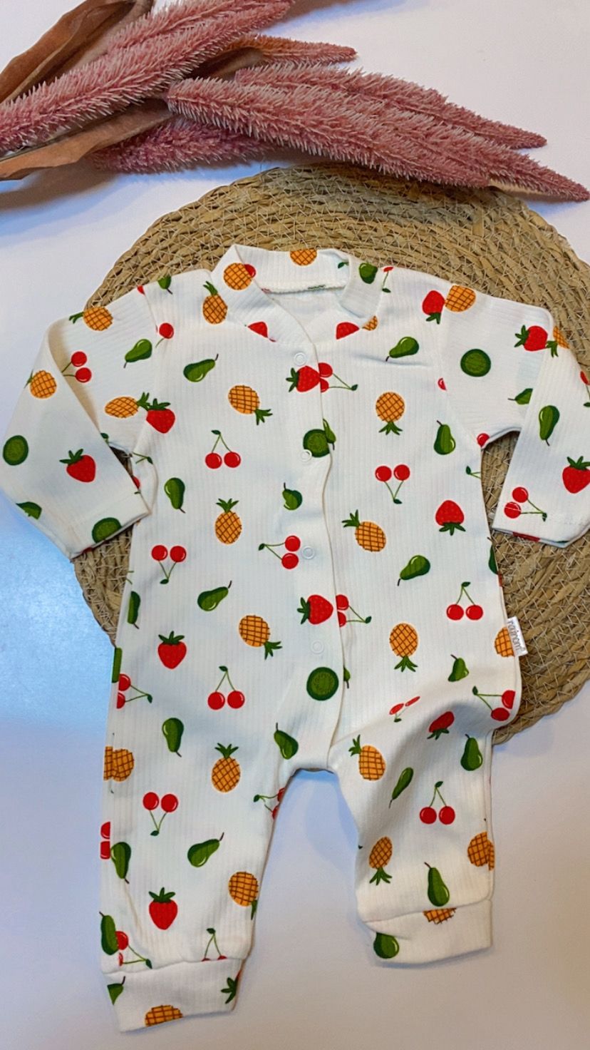 Meyve Desenli Ribana Bebek Tulum – %100 Pamuk Çıtçıtlı